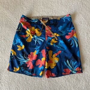 Patagonia Navy Floral Swim Trunks with orange & Yellow Accents